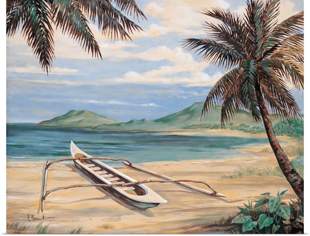 Contemporary painting of palm trees overlooking the beach with an outrigger canoe.
