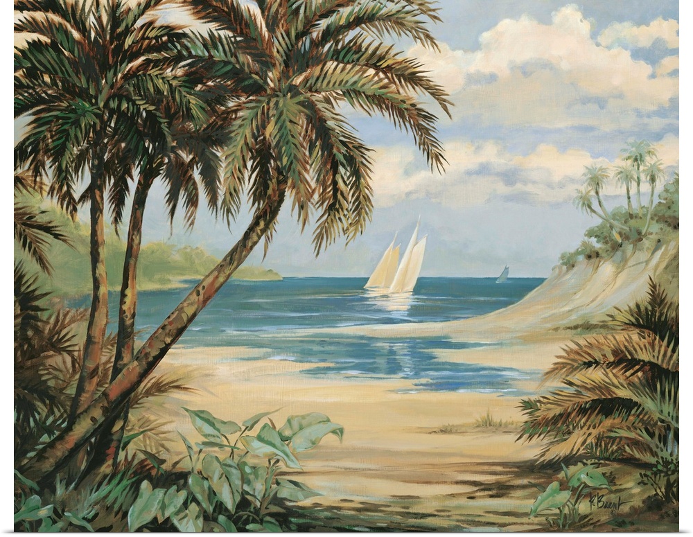 Contemporary painting of palm trees overlooking the beach with a sailboat.