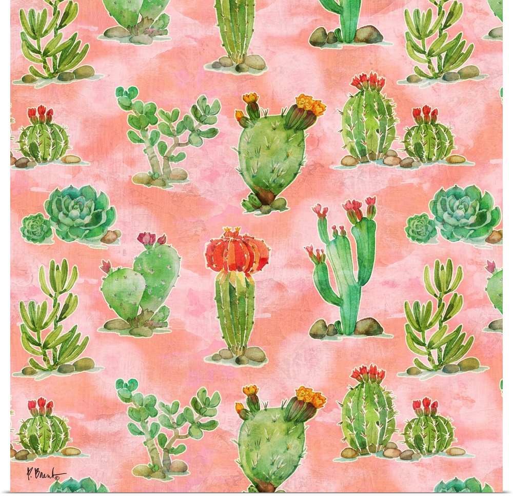 Square watercolor painting of cacti and succulents on a light pink background.