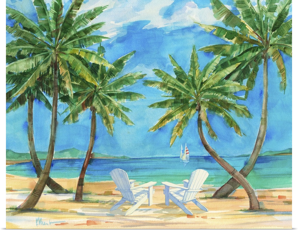 Watercolor painting of palm trees growing on the beach with white beach chairs.