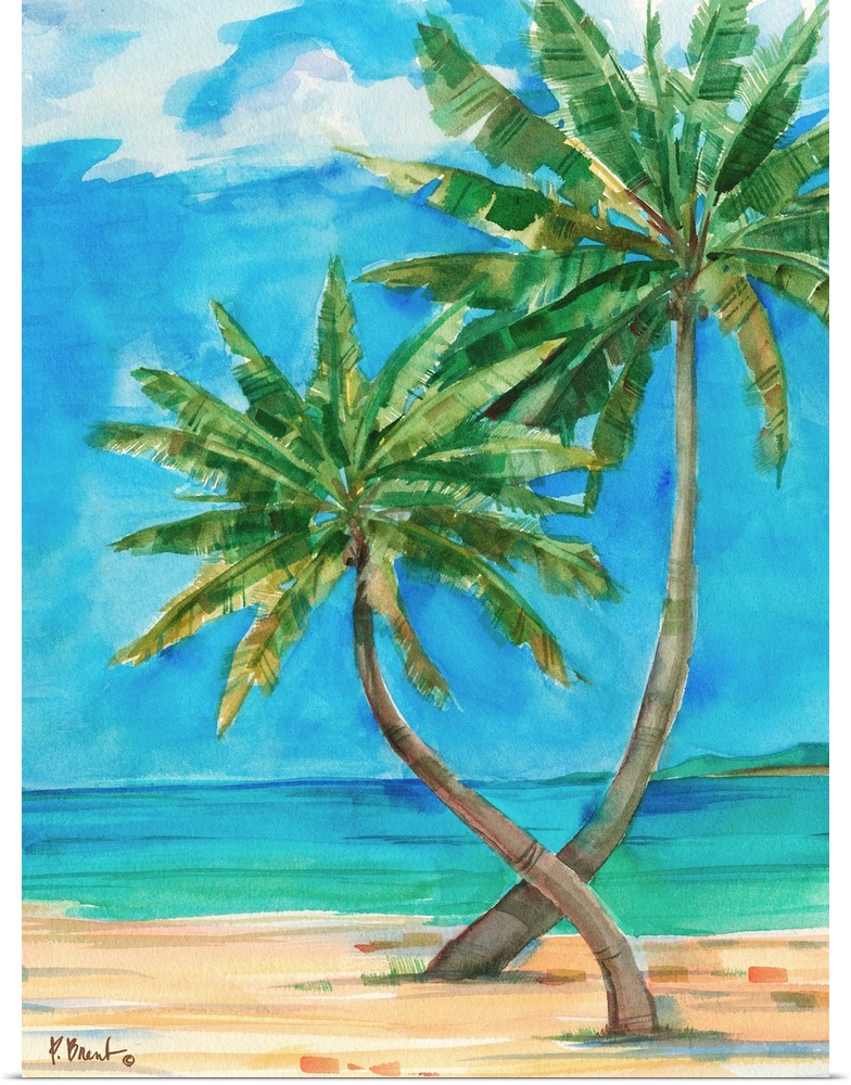 Watercolor painting of palm trees growing on the beach near a turquoise ocean.