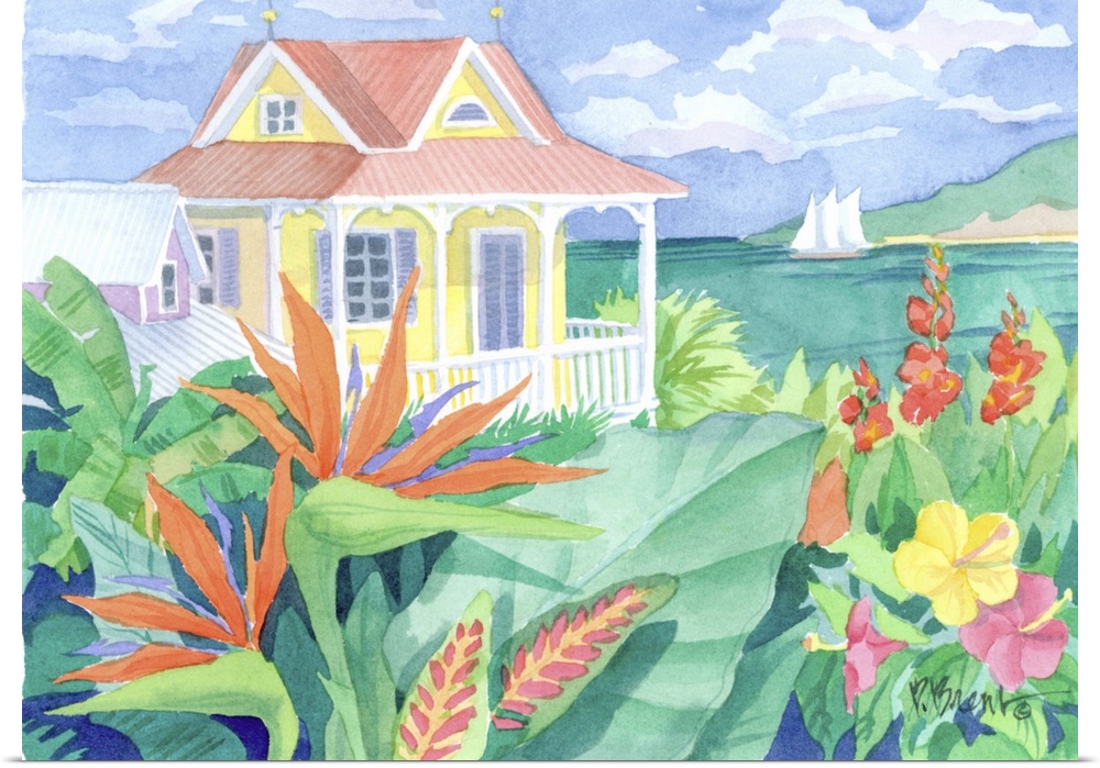 Watercolor painting of a small beach house on the coast with tropical flowers in the foreground.