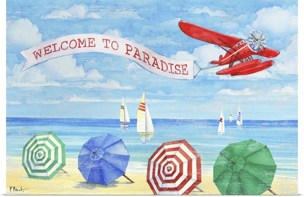 Beach themed decor with an illustration of a red airplane flying over the ocean with a sign that reads "Welcome to Paradise"