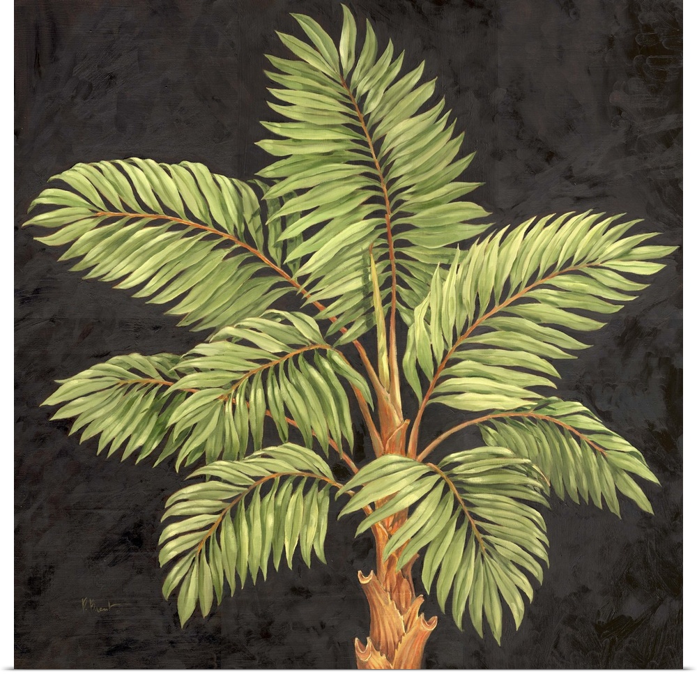 Painting of the top of a palm tree with leafy fronds.