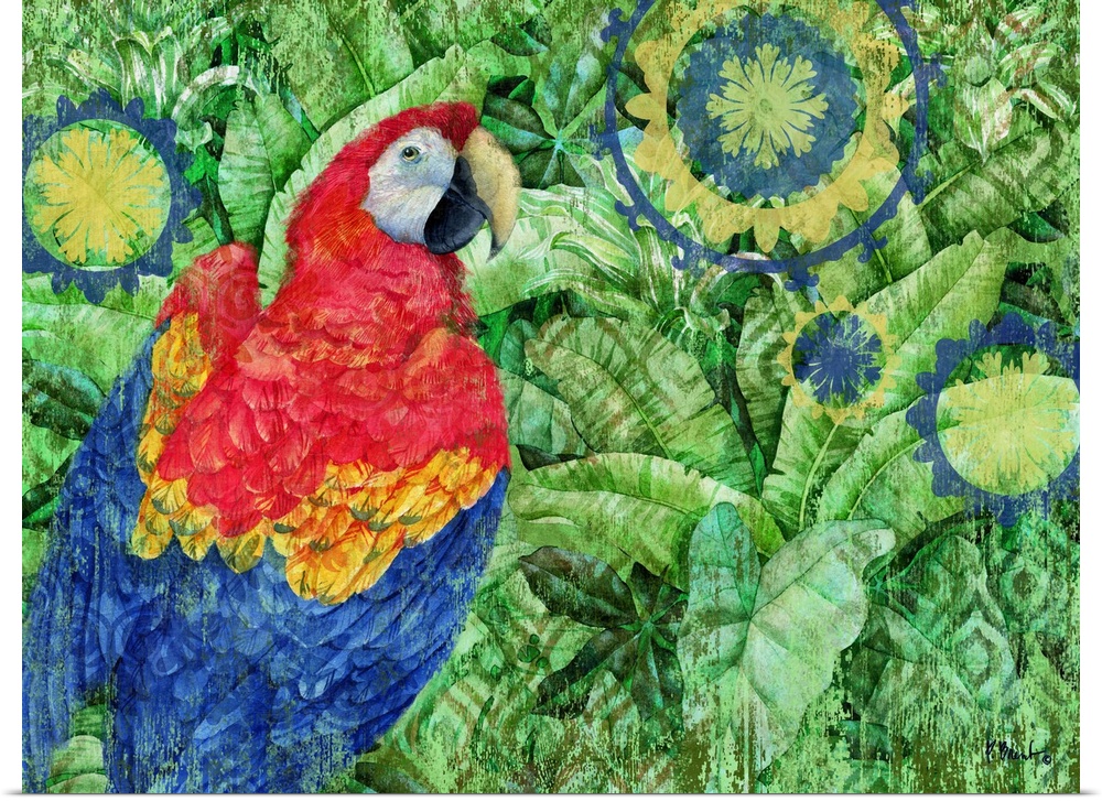 Painting of a scarlet macaw on a batik background decorated with palm leaves.