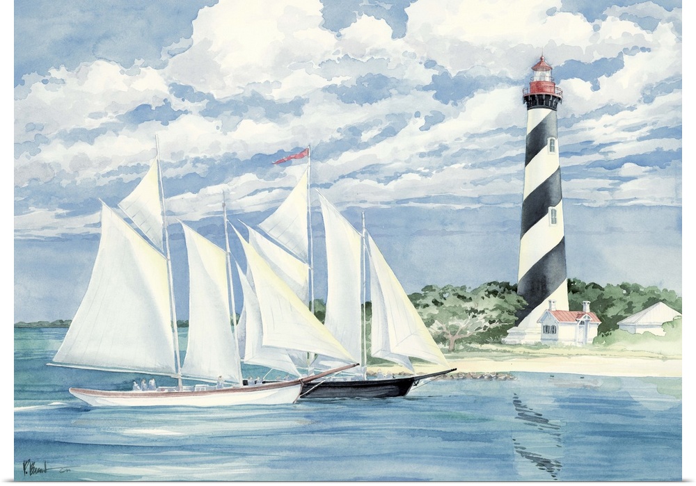 Two boats with full sails passing by the St. Augustine Light in Florida.