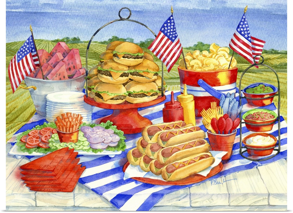 Watercolor painting of a 4th of July picnic with hot dogs, burgers, and watermelon.