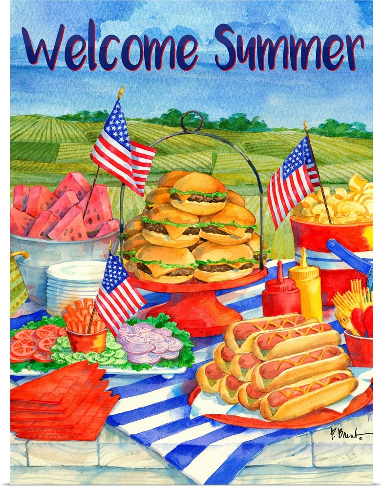 Delicious looking picnic spread with hot dogs and hamburgers and American flags.