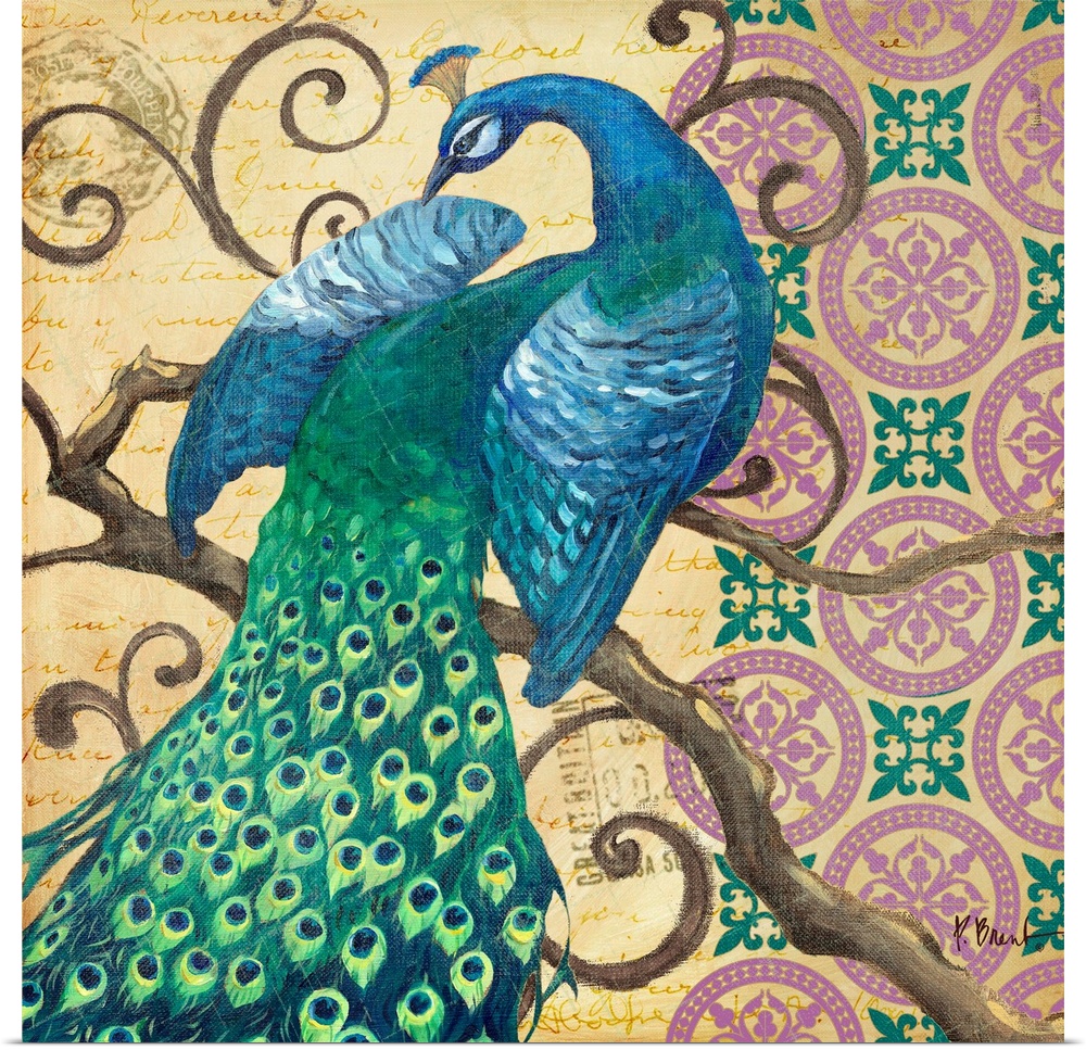 Painting of a male peacock perched on a very curly branch on a batik pattern.