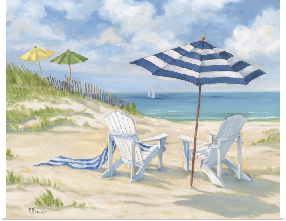 Painting of two beach chairs under a sun umbrella.