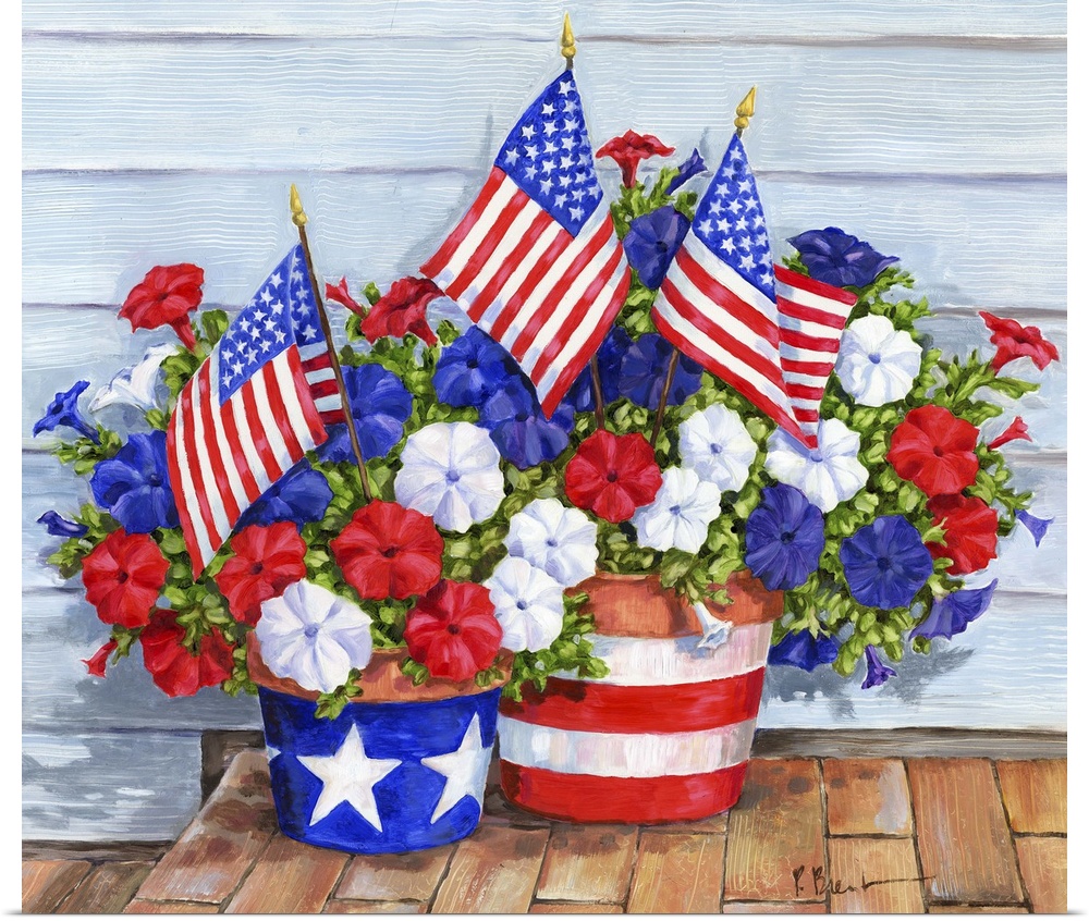 Contemporary painting of a patriotic arrangement of petunias and American flags.
