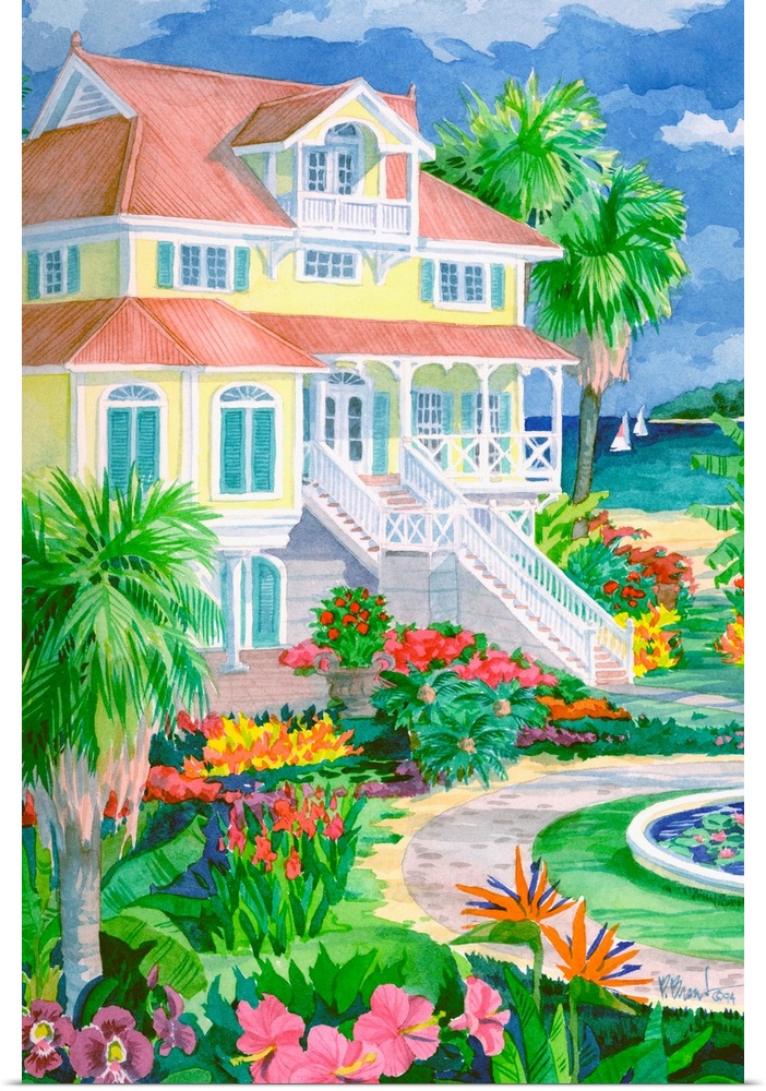 Contemporary painting of a plantation-style home near a tropical beach.