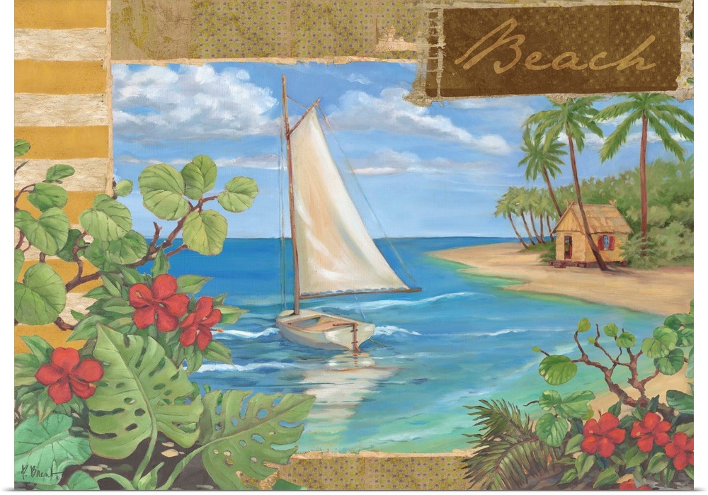 Decorative artwork of a sailboat off the coast of a tropical beach, with floral elements.