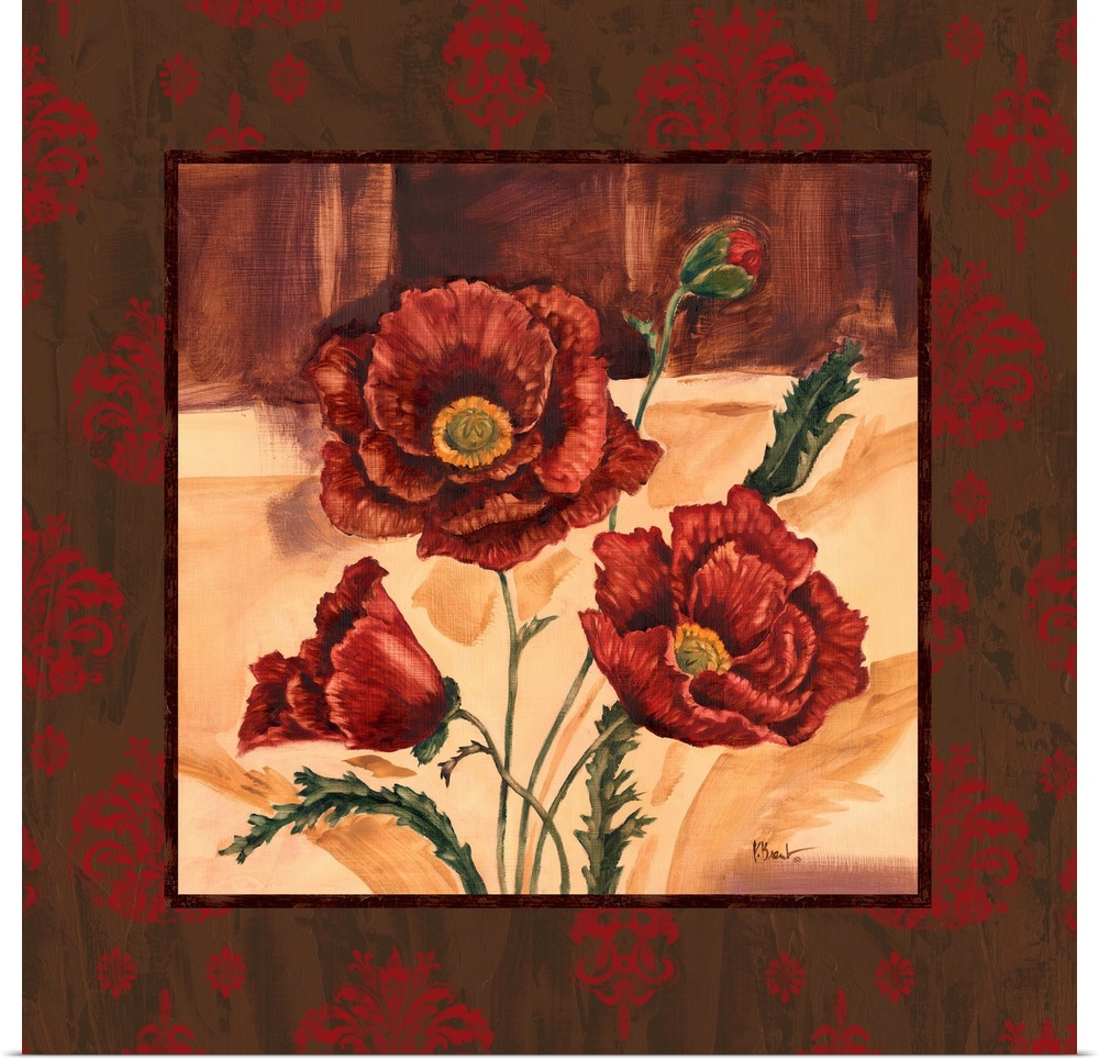 Square painting of three poppies with a border of damask-style flowers.