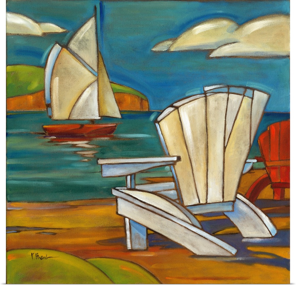 Stylized painting of a beach with a sailboat and an adirondack chair.