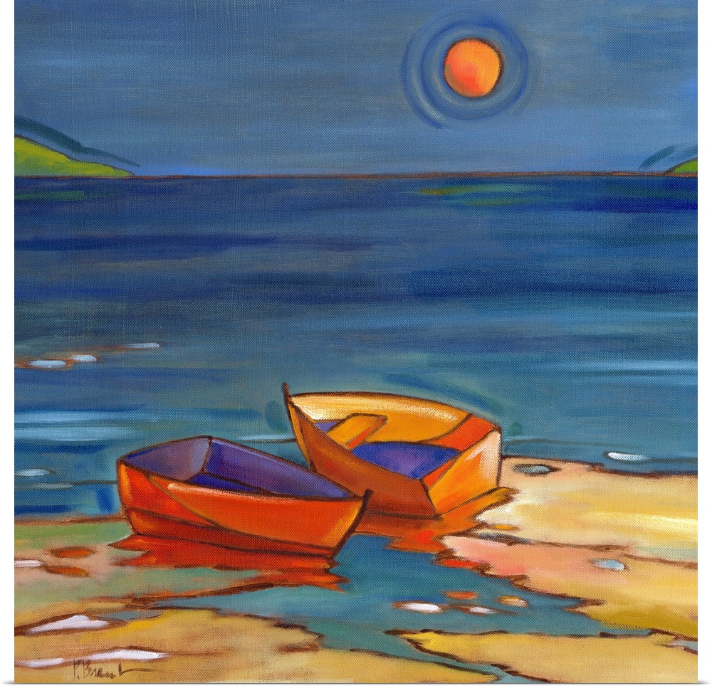 Stylized painting of a beach with two small boats on the shore under the sun.