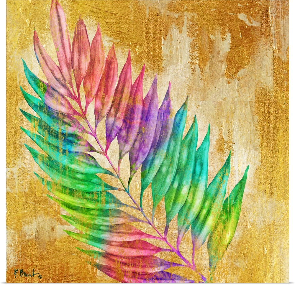 Square decor with a multi-colored palm branch on a gold textured background.
