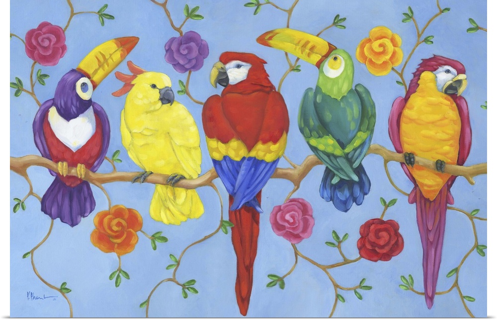 Painting of five tropical birds including macaws, toucans, and a cockatoo, on a branch, decorated with roses.