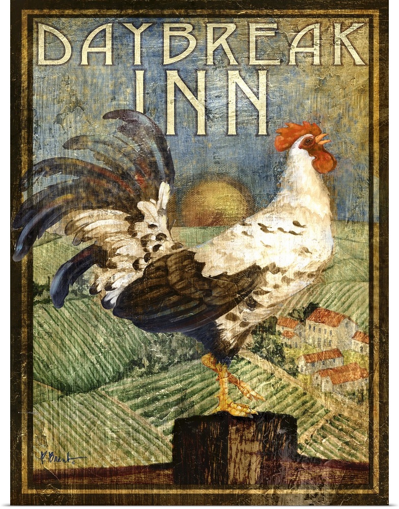Rustic-style sign for a farm with a crowing rooster and the words Daybreak Inn.