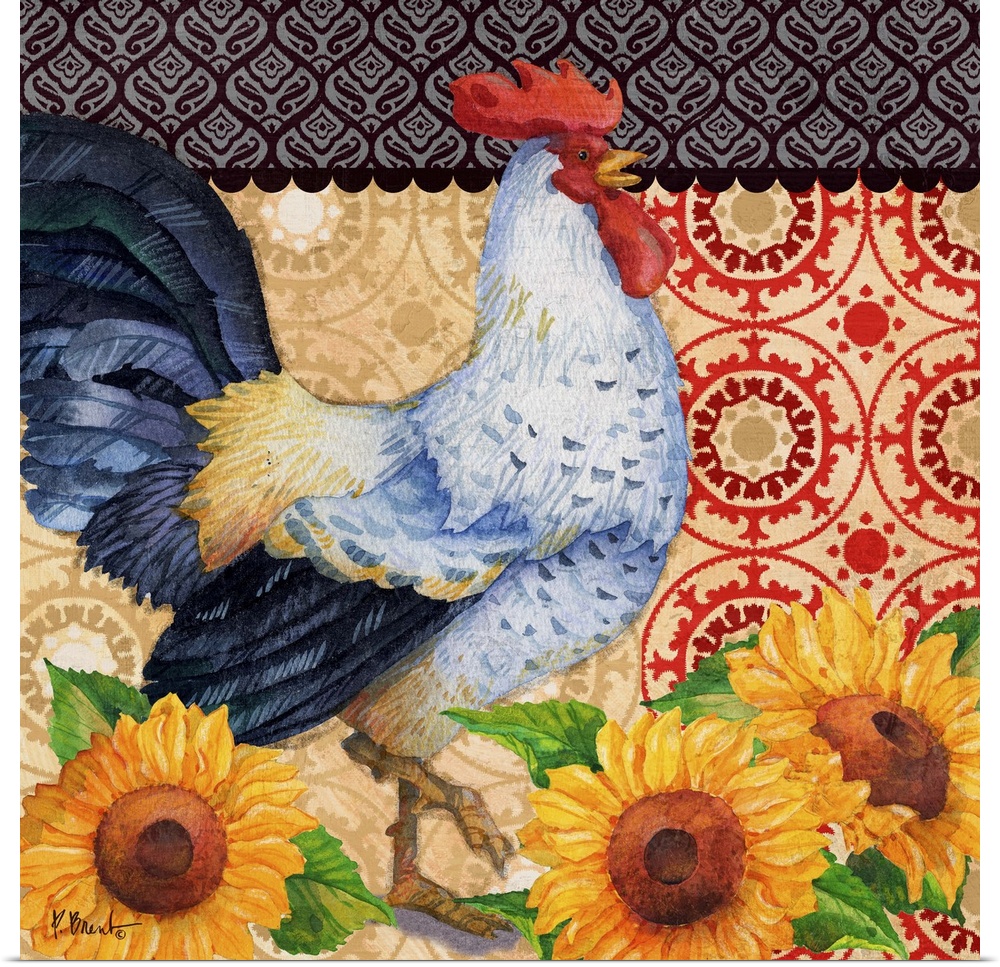 Decorative panel of a rooster with sunflowers and batik patterns.