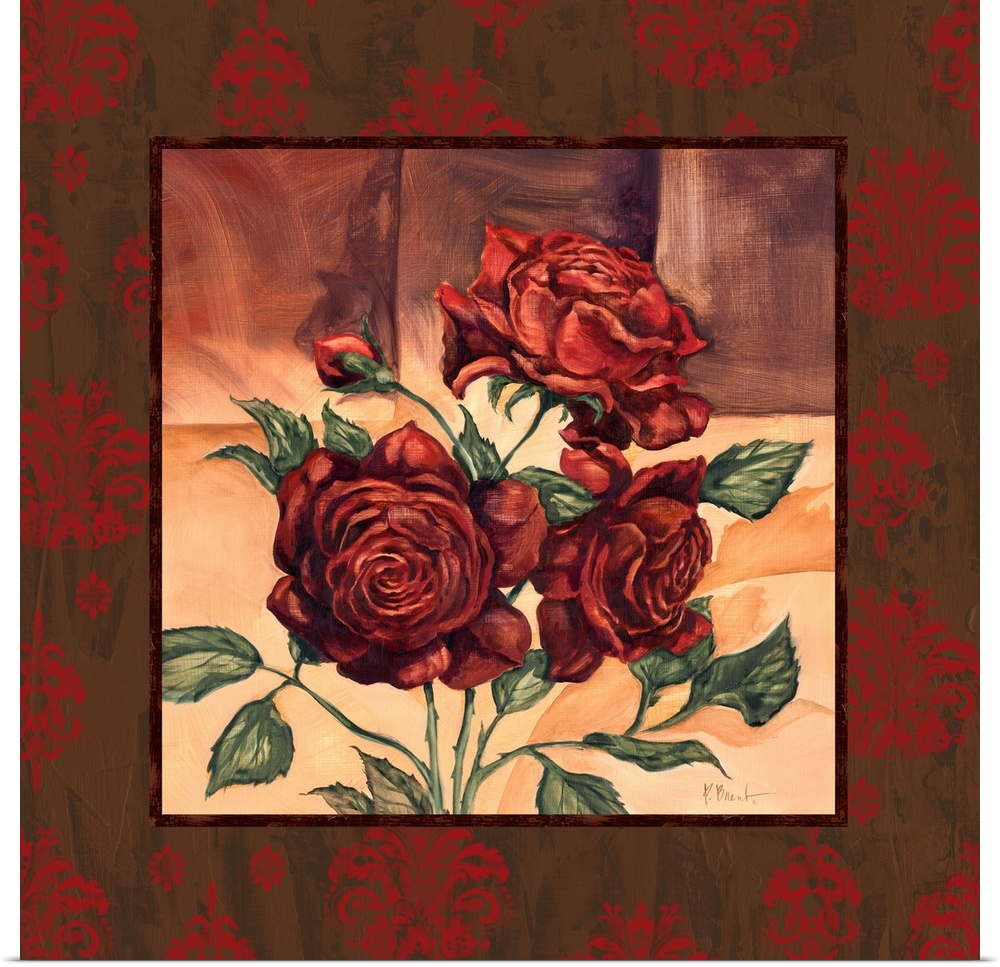 Square painting of three roses with a border of damask-style flowers.