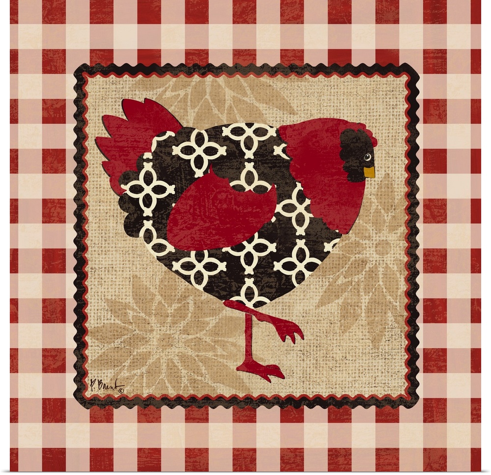 A red and black chicken in a decorative gingham border.