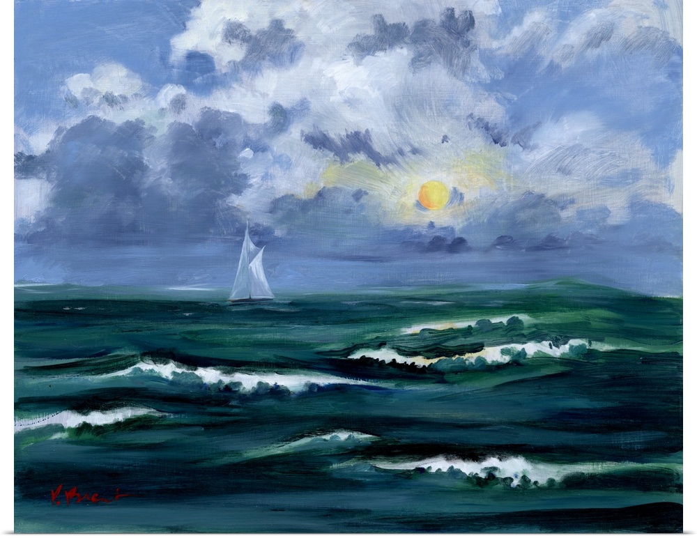 Contemporary painting of a sailboat on the dark, choppy sea with the sun shining through the clouds.