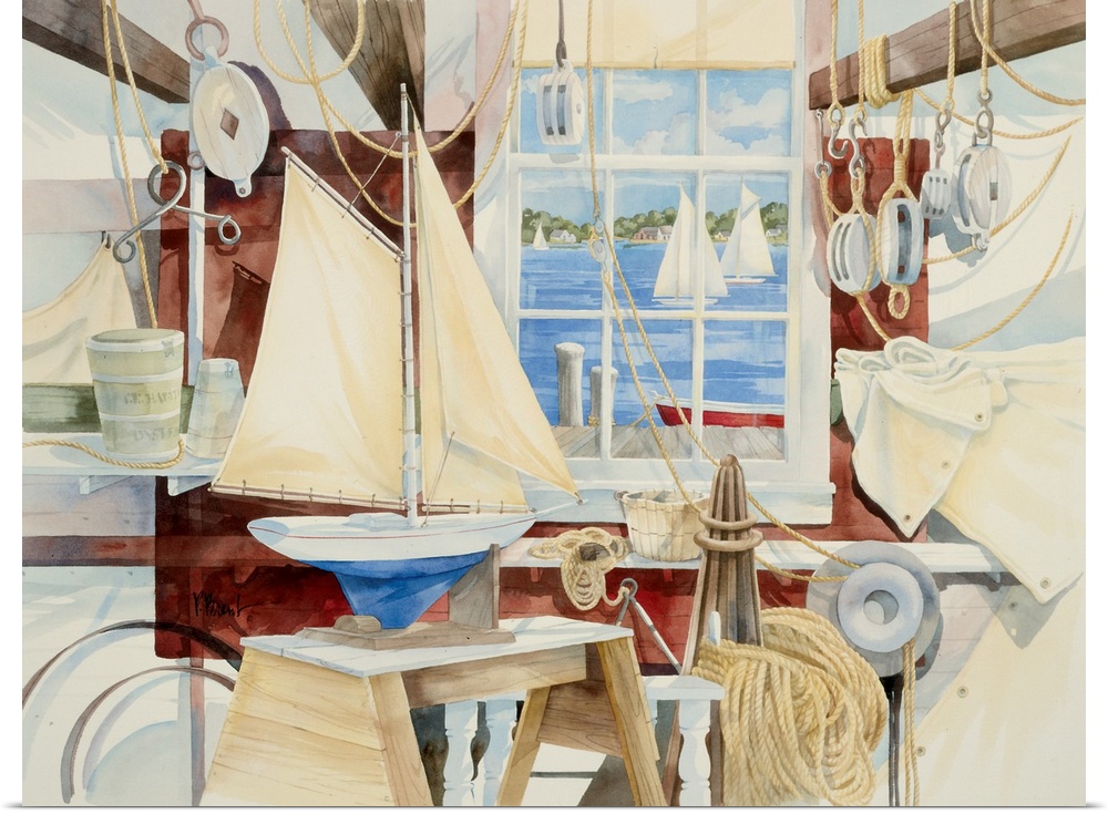 Watercolor painting of a shop full of sailing-themed items, such as ropes and toy boats.