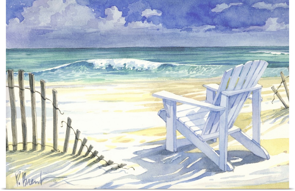 Contemporary painting of an adirondack chair on a sandy beach with an old fence.