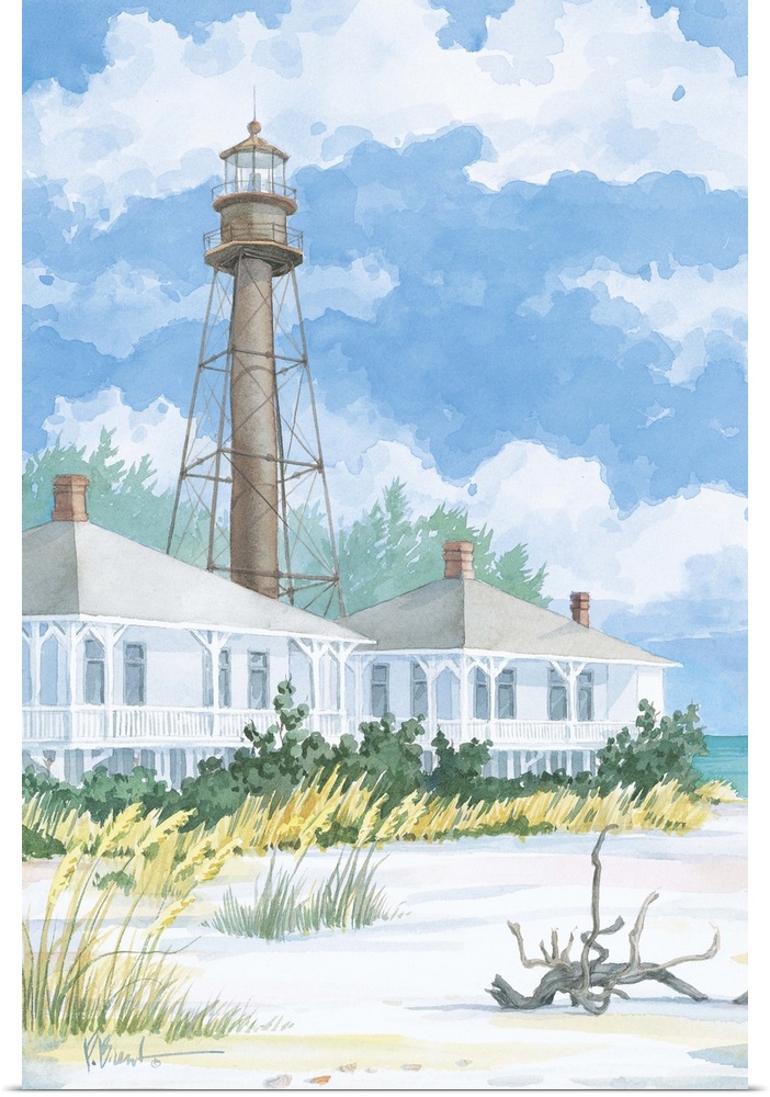 Watercolor painting of a lighthouse with two beach houses on a sandy shore.