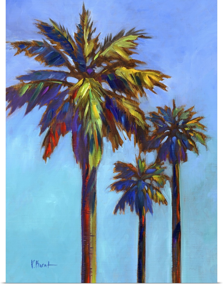 Contemporary painting of three palm trees against a bold blue sky.