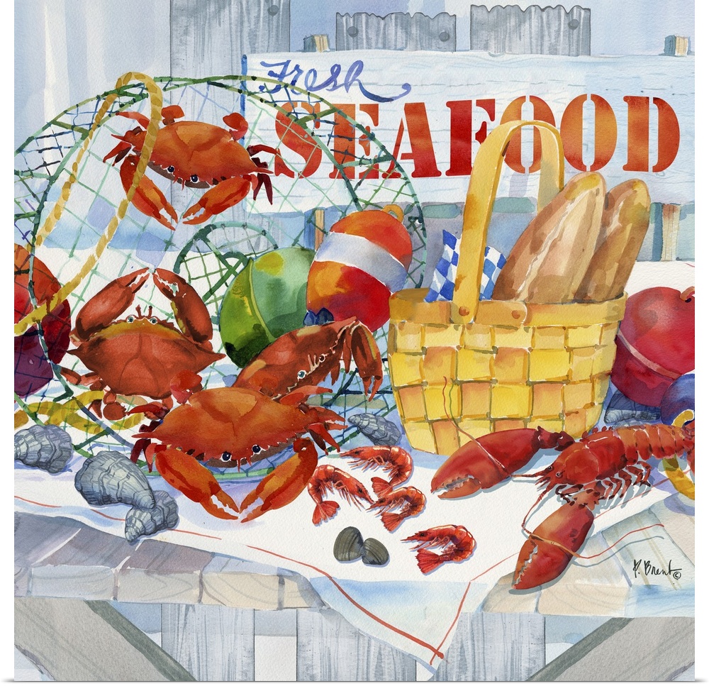 A display of fresh caught seafood including crabs and lobsters.