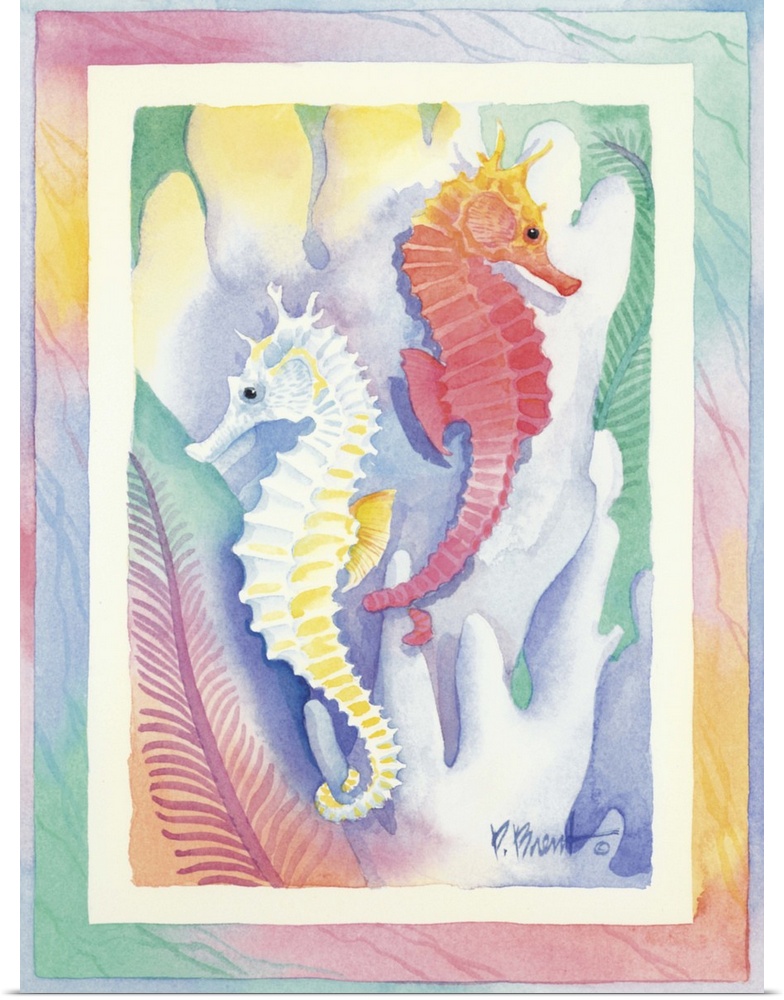 Watercolor painting of two seahorses swimming near coral, done in pastel colors.