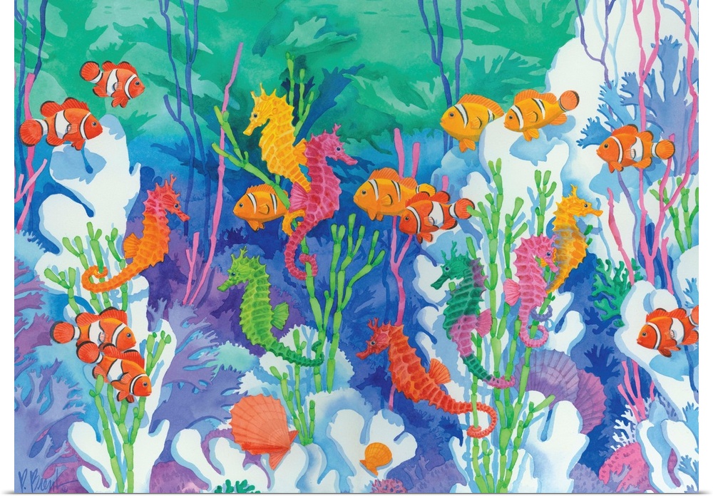 Contemporary painting of an underwater scene with seahorses and tropical fish.
