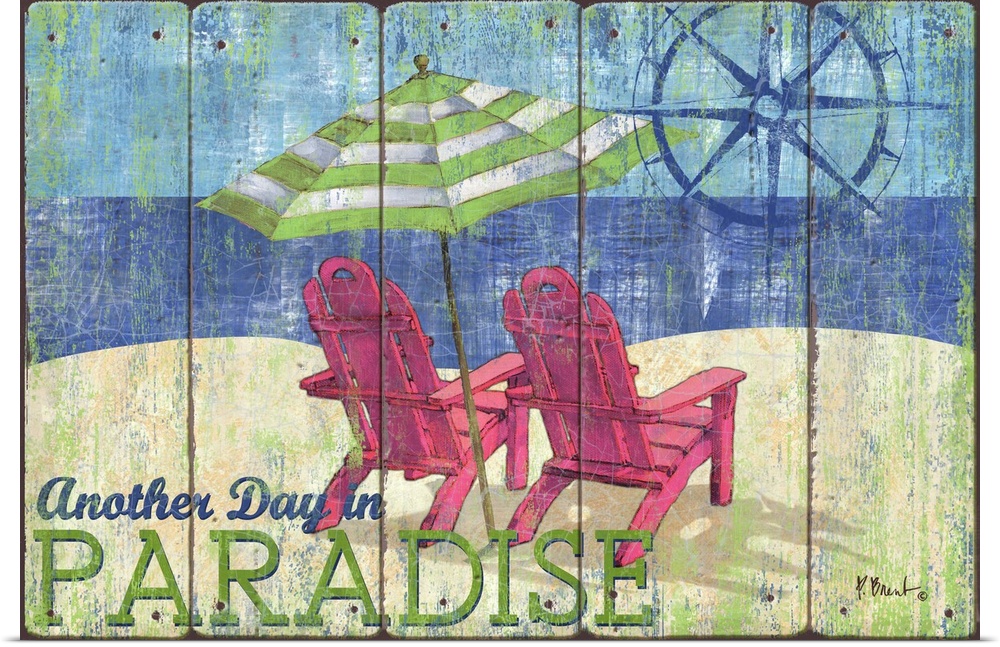 Contemporary decorative artwork of two adirondack chairs and a beach umbrella with "Another Day in Paradise"