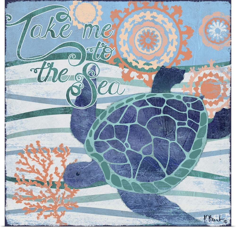 Contemporary decorative artwork of a sea turtle on a stylized wave background with sea life elements.