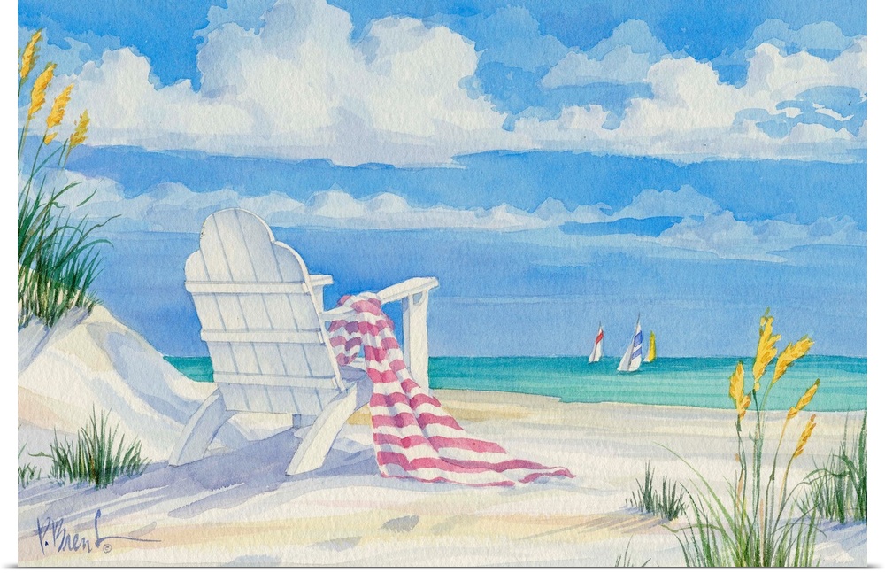 Painting of an adirondack chair with a towel on a sandy beach.