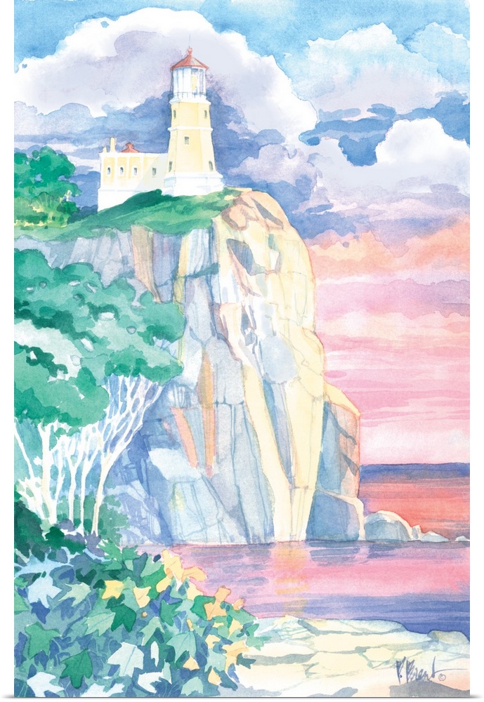 Watercolor painting of a lighthouse on a cliff at sunset on the Great Lakes.