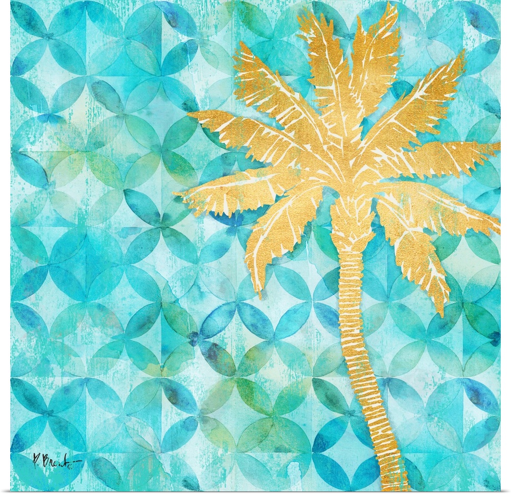 Square decor with a metallic gold palm tree on a blue and green patterned background.