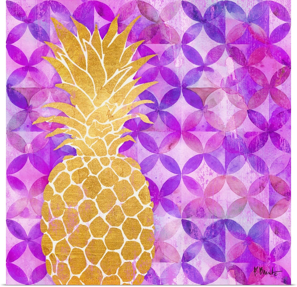 Square decor with a metallic gold pineapple on a purple and pink patterned background.