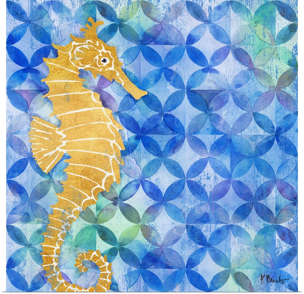Square decor with a metallic gold seahorse on a blue patterned background with hints of green and putterer.
