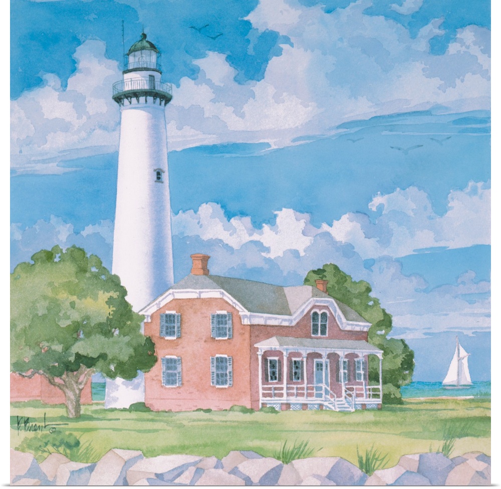 Contemporary painting of a lighthouse against a cloudy sky in Georgia.