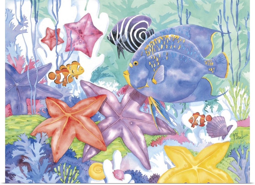Contemporary painting of an underwater scene with starfish and tropical fish.