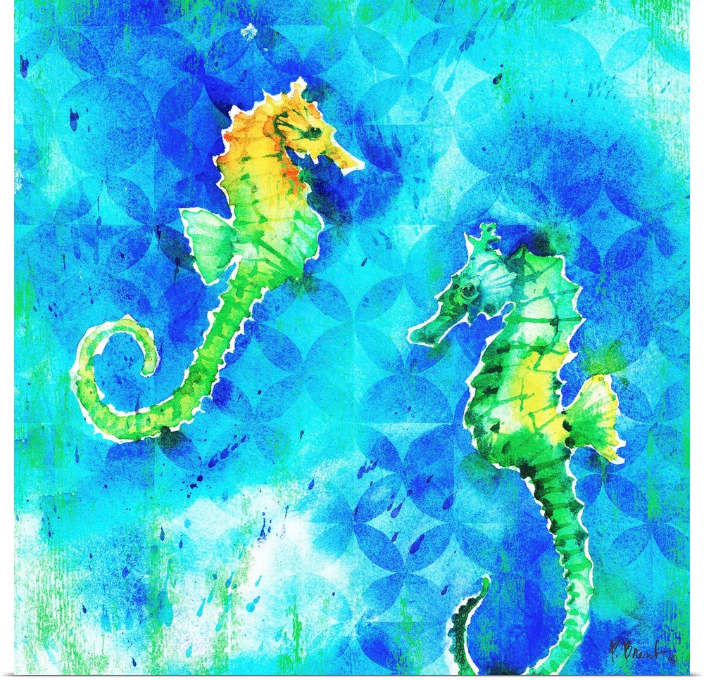 Square watercolor painting of two green and yellow seahorses on a blue and green patterned background.