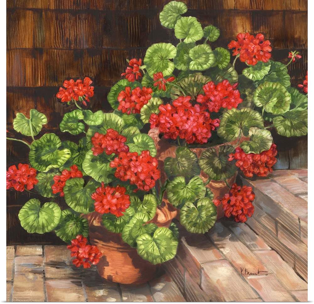 Contemporary painting of a group of potted geraniums on brick stairs.