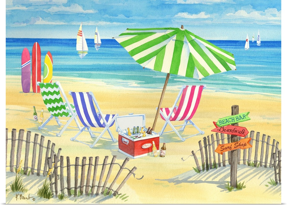 Watercolor painting of a peaceful ocean scene with striped umbrellas and beach chairs in the sand.