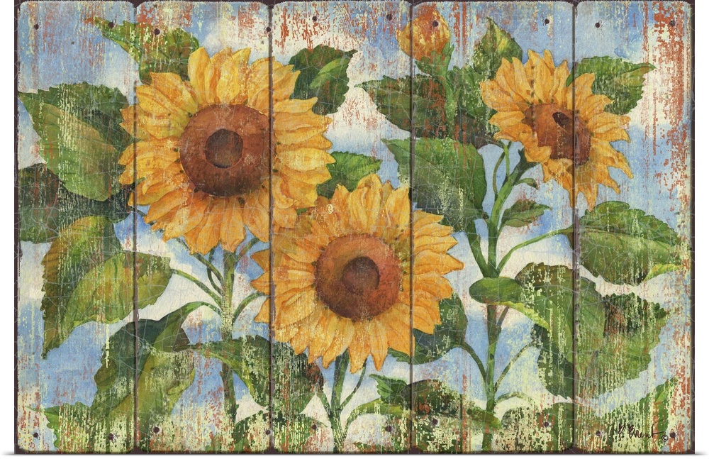 Contemporary decorative artwork of three large sunflowers in full bloom on a textured panel background.