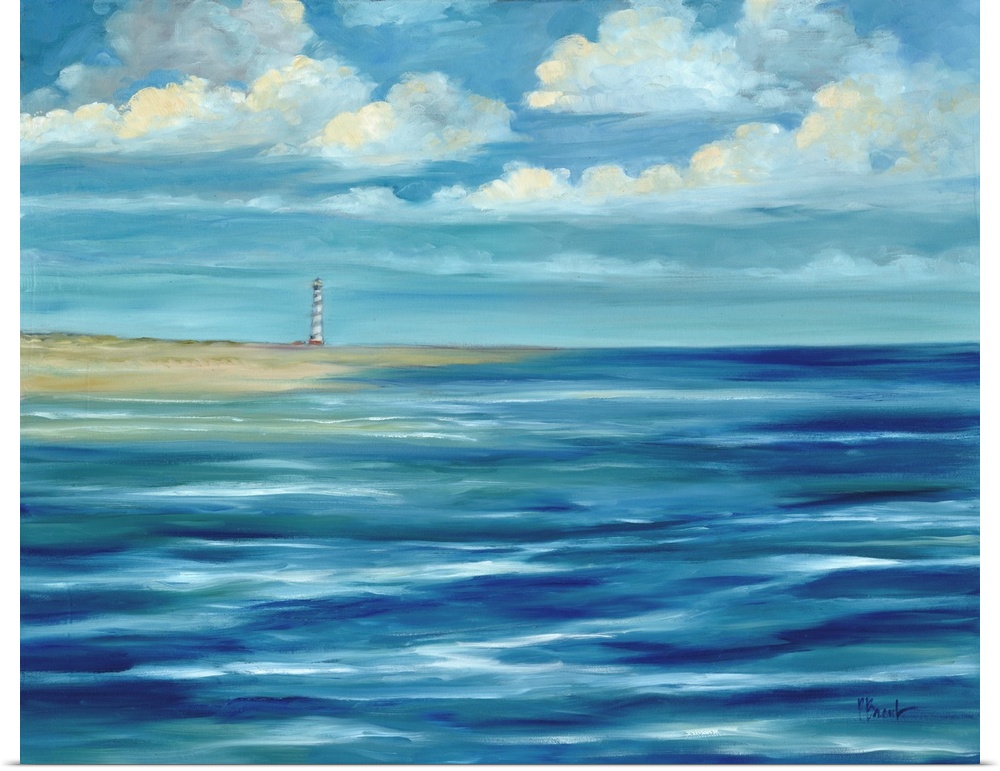 Contemporary artwork of a lighthouse on the coast, seen across the ocean under a cloudy sky.