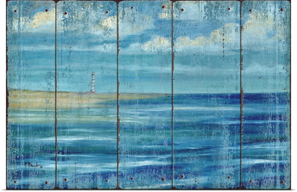 Contemporary artwork of a lighthouse on the coast, seen across the ocean under a cloudy sky on a textured panel background.