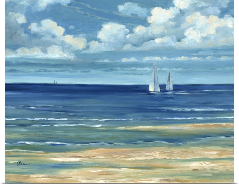 Contemporary landscape painting of a deep blue ocean with white clouds overhead.